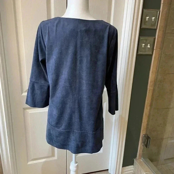 Soft Surroundings Blue Faux Suede Style Peplum Top Flare Bell Sleeve - Picture 2 of 4